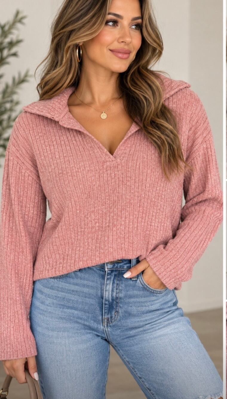 T×S Threads & Supply Pink Ribbed Collared Sweater Top Medium Cozy Pullover